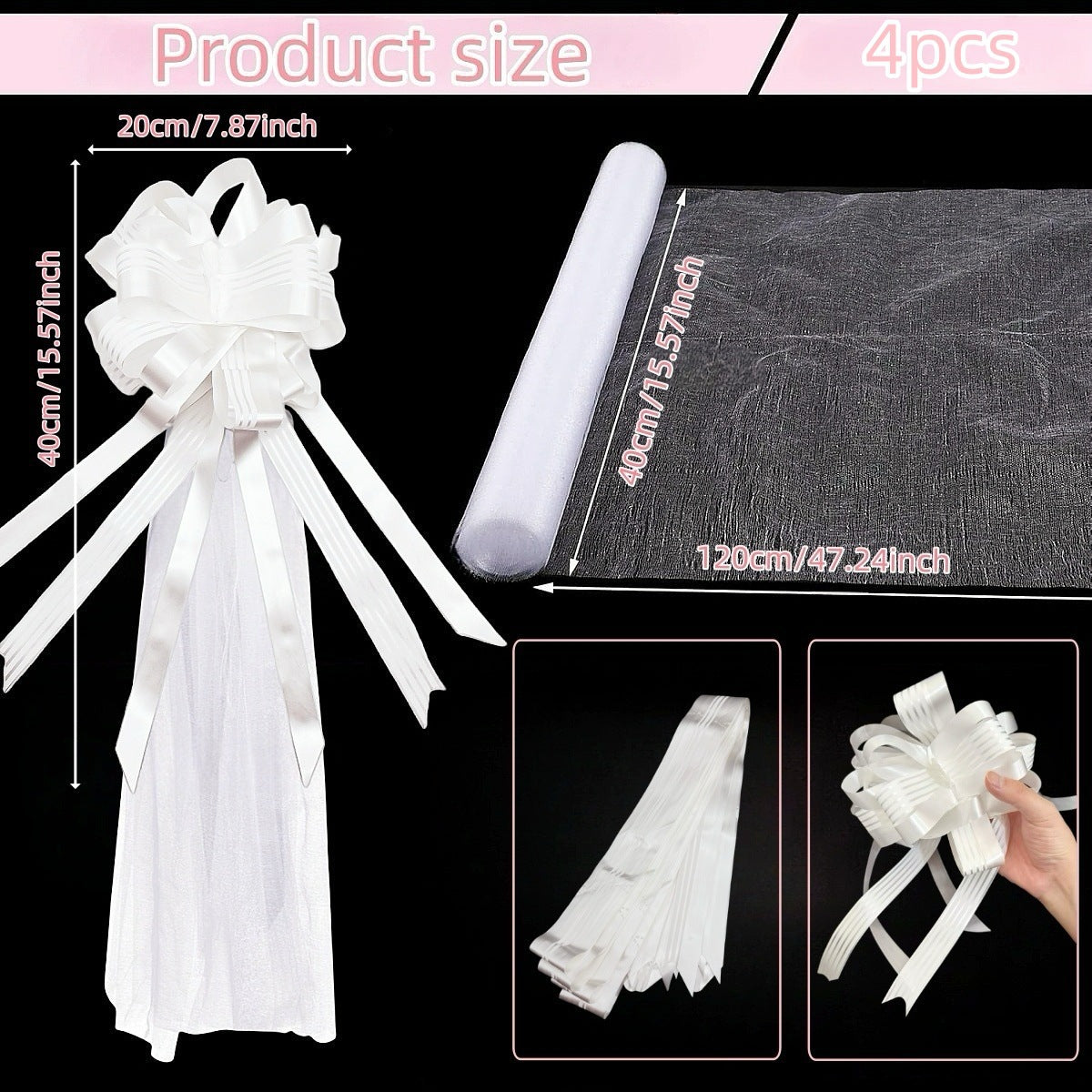 Church Wedding Ceremony Decor: 4-Piece White Chair & Aisle Bow Set (7.87-47.24in)