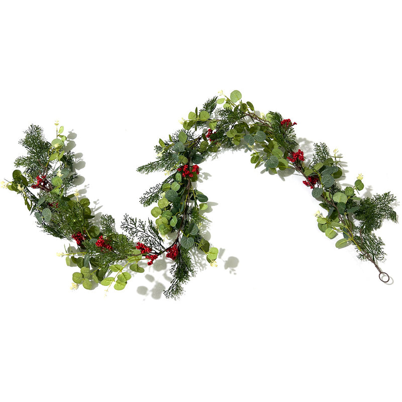 Artificial Christmas Garland Vine with Red Berries & Pine Needles, Plastic Hanging Greenery, Indoor Holiday Decor