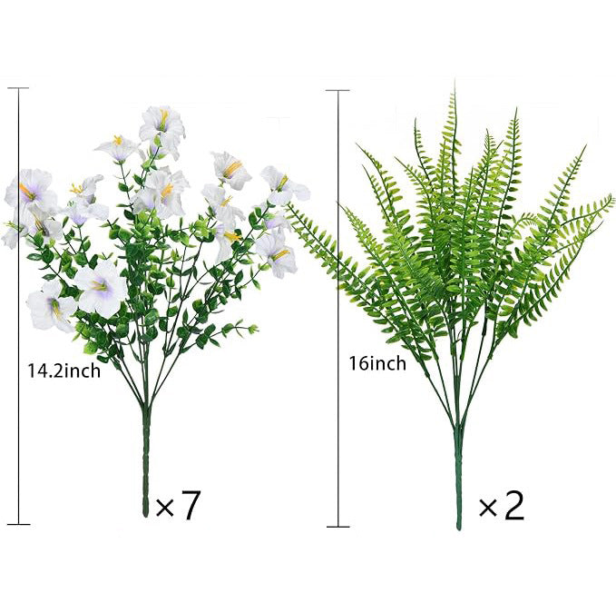 Artificial Eucalyptus, Trumpet Flower & Persian Fern Bushes, Pack of 9, Plastic, White, Indoor Outdoor Home Decor