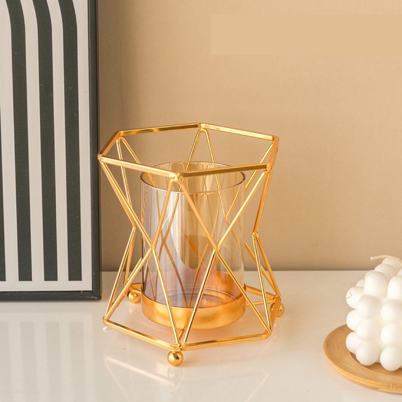 Bulk 1pc Glass Vases with Metal Stand Hollow-out Geometric Clear Flower Vase for Wedding Home Decor Centerpieces Wholesale