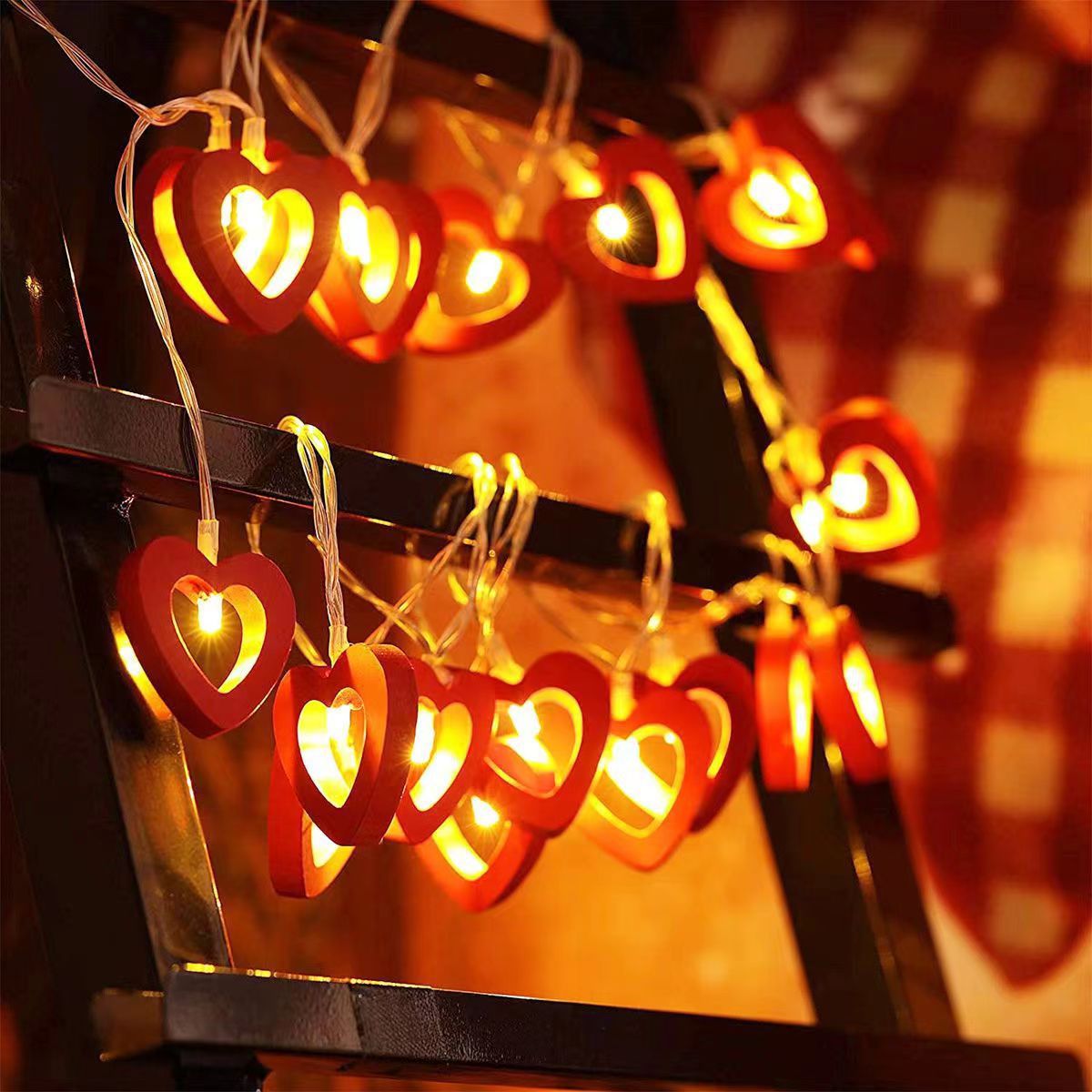 Wooden Heart LED String Lights - 20ft 40 LEDs Valentine's Day Wedding Decor Battery Operated with Steady & Flash Modes