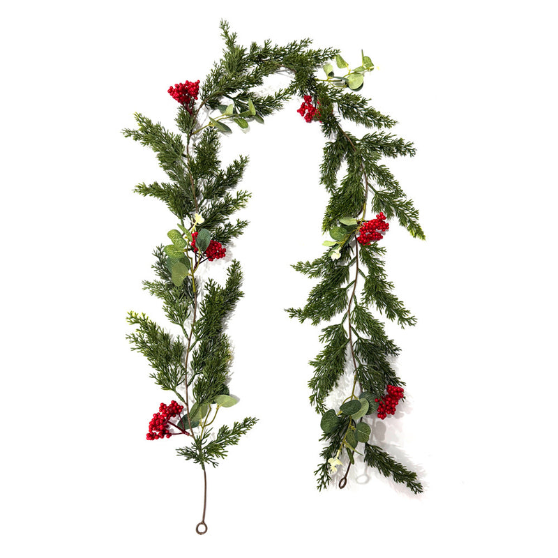 Artificial Pine Cypress Vine Garland, 71 in Trailing Greenery with Red Berries, Christmas Door Hanging & Home Decor