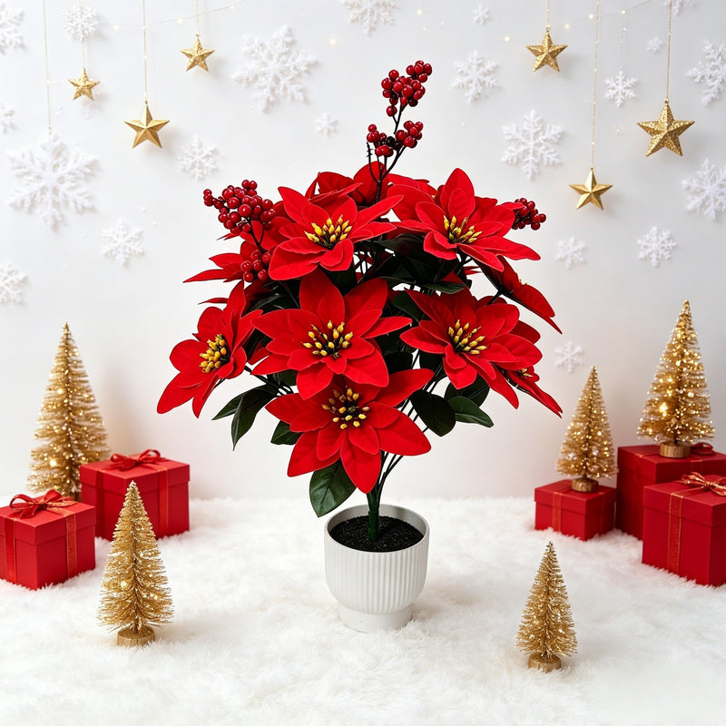 21" Velvet Poinsettia Bush, Christmas Floral Decor for Home, Office & Events, Realistic PVC Holiday Stems