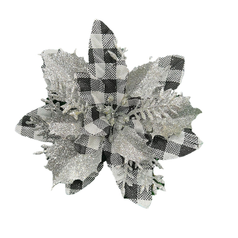 Christmas Poinsettia Flower Heads, 5.5" Red/Silver Loose Floral Picks for Holiday Decor, DIY Wreaths & Centerpieces
