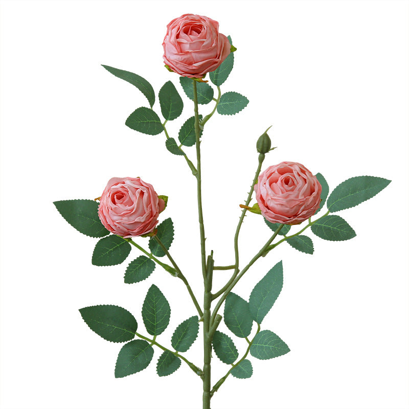 Artificial Silk 3-Head Ruffled Roses, Single Stem, 22" Long, Modern Home Decor, Wedding & Event Floral Arrangements