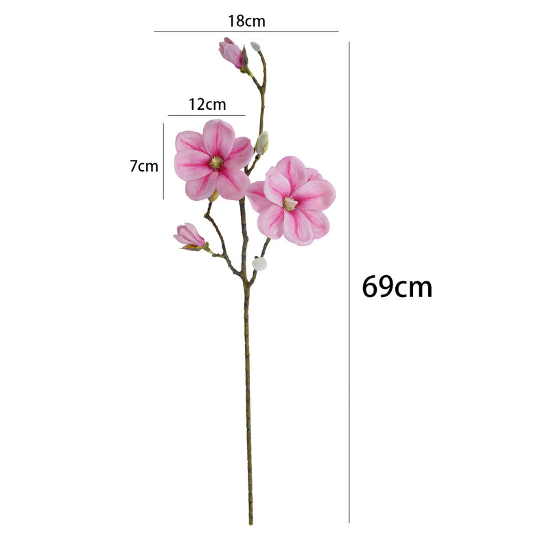 Single Stem Magnolia with 4 Blooms, PU Material, 27" Tall, Perfect for Weddings, Home Decor, and Events