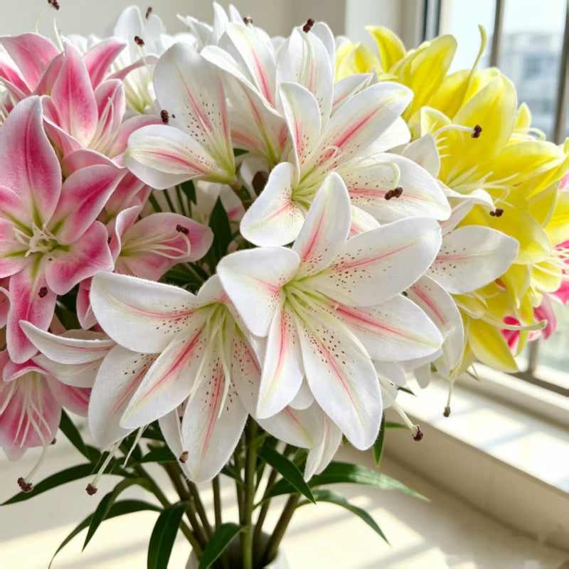 Single Stem Faux Lily with 10 Blooms, 24" Tall, Silk-Like Fabric, for Weddings, Home Decor, and Events