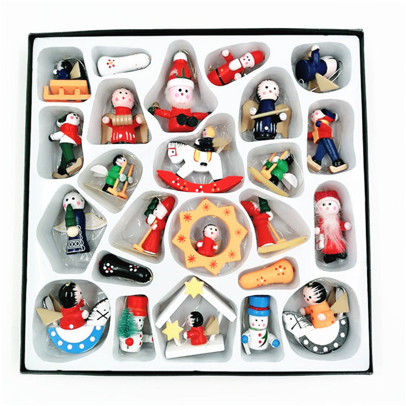 24 Pcs Christmas Wooden Hanging Ornaments Set Bulk Holiday Decorations