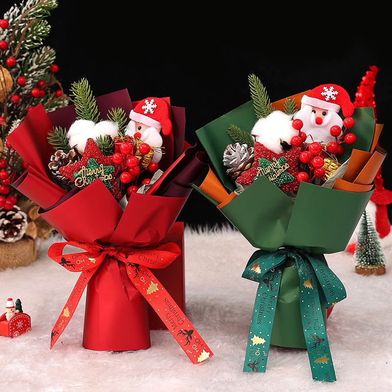 11 Inch Artificial Christmas Flower Bouquet with Glitter Star, Red Berries, and Santa Doll – Bulk Wholesale Gift Set