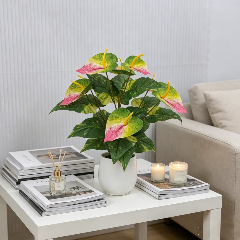 22" Artificial Anthurium Bush with 29 Blooms, PE/PVC Material, Indoor Décor for Home, Office, Wedding, and Events