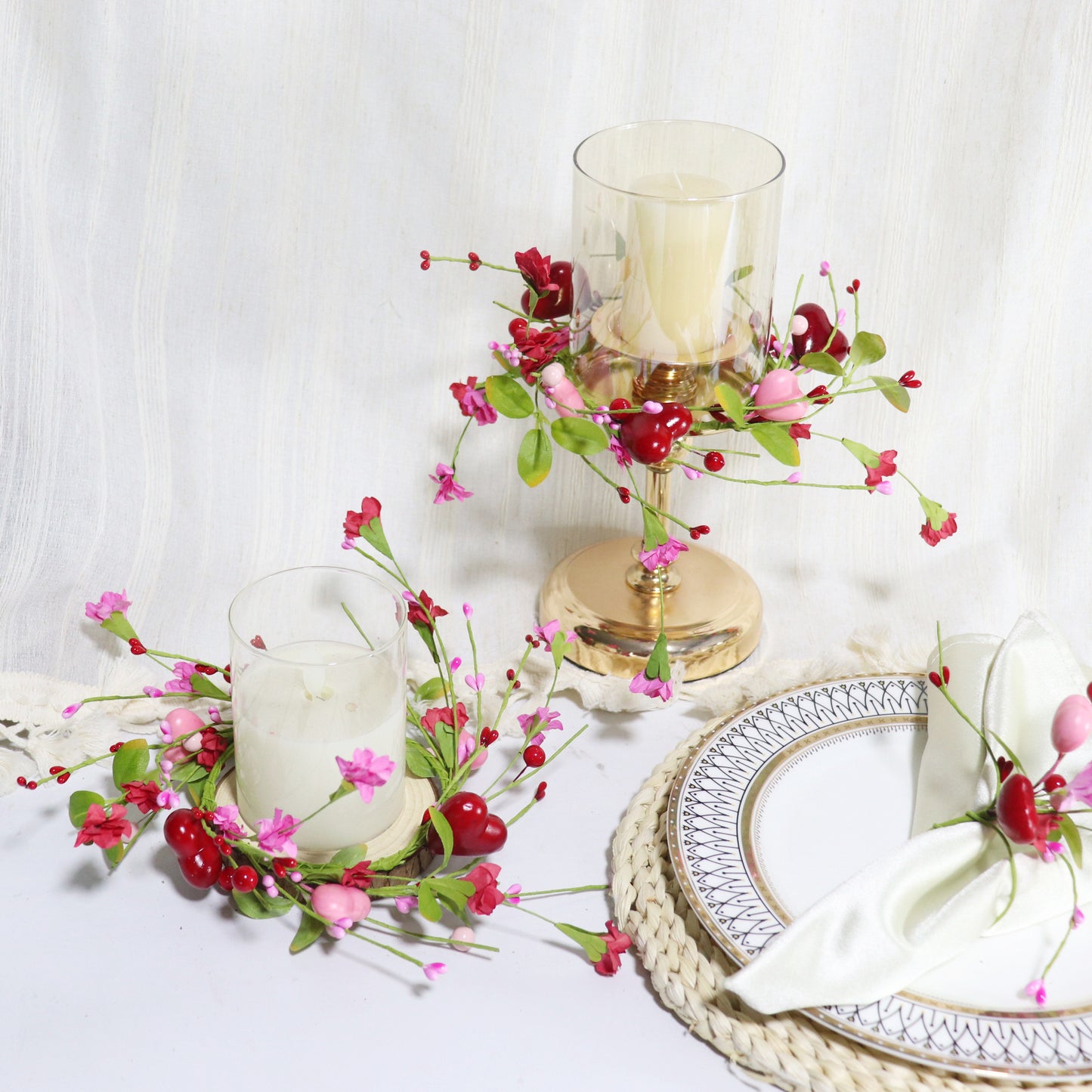Valentine's Day Candle Ring - 4 Inch Pink Red Heart & Berry | Table Centerpiece Decor
