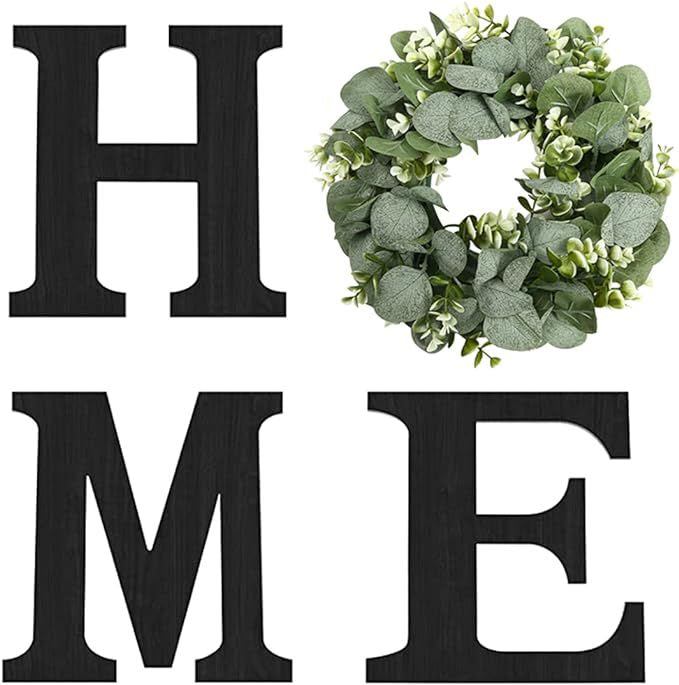 Wooden HOME Letters with Eucalyptus Wreath Farmhouse Christmas Wall Decor for Home