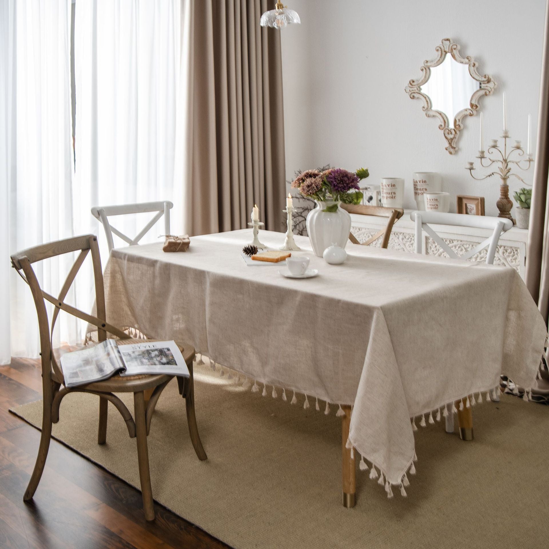 Bulk Linen Tablecloth Rectangle Tassel Table Cloth for Kitchen Dining Room Table Cover Wholesale