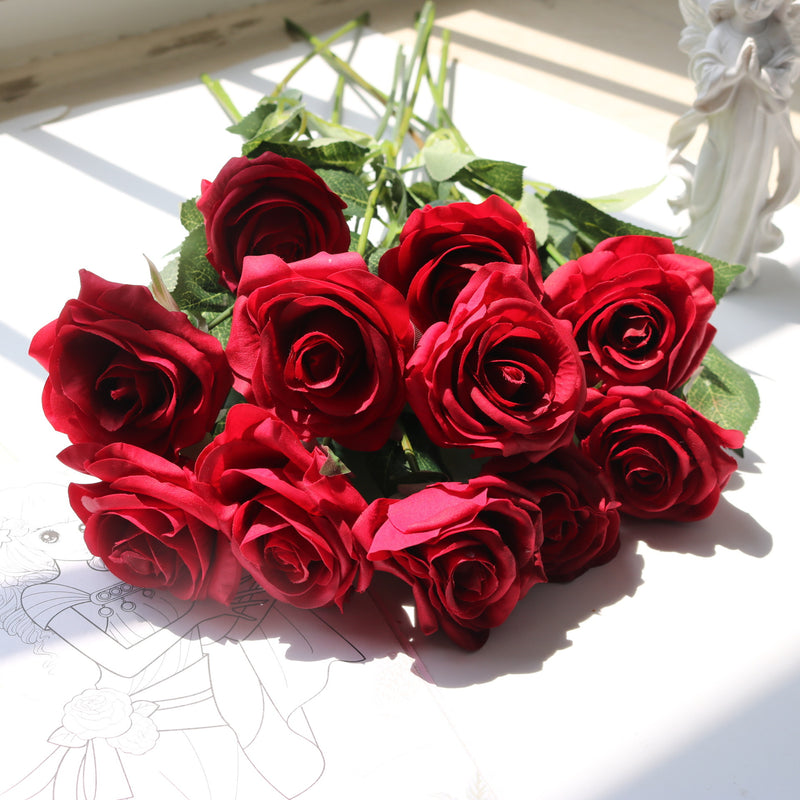 Realistic Silk Rose Bouquet, Set of 10 Stems with 6.5" Blooms, 17" Tall, Wedding & Home Decor, Floral Arrangements