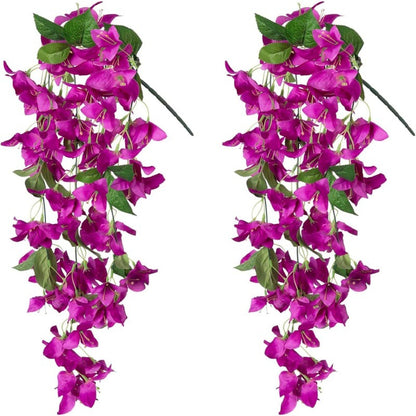 Premium 2 pcs Lifelike Silk Bougainvillea Hanging Vines - UV-Resistant Outdoor Artificial Flowers for Porch Decor Patio Balcony Accent