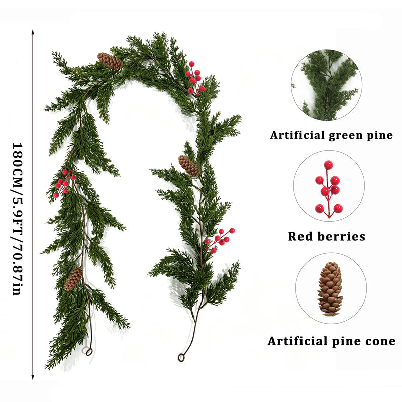 Artificial Pine Cypress Vine Garland, 71 in Trailing Greenery with Red Berries, Christmas Door Hanging & Home Decor