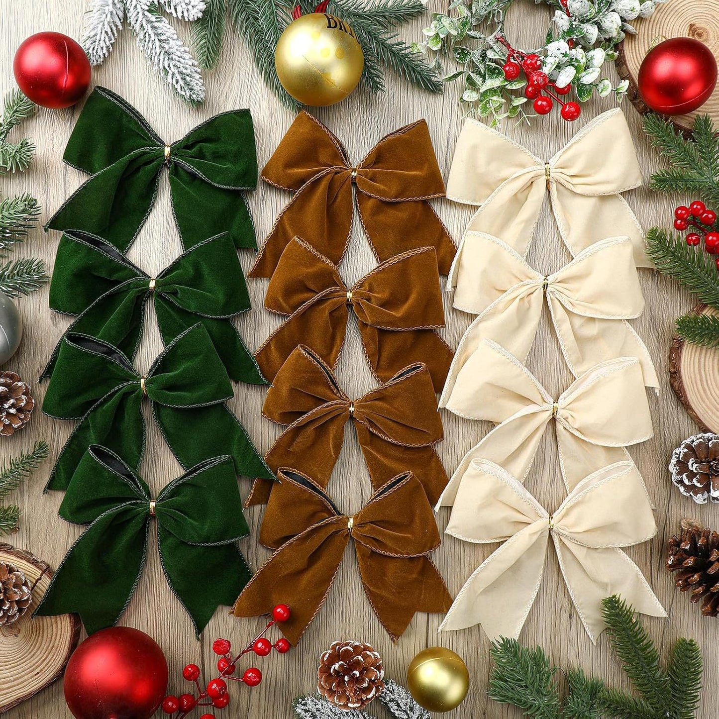 Christmas Velvet Bow Ornaments Set - 12 Pcs 5.91" DIY Decor for Christmas Tree, Wreath & Holiday Arrangements