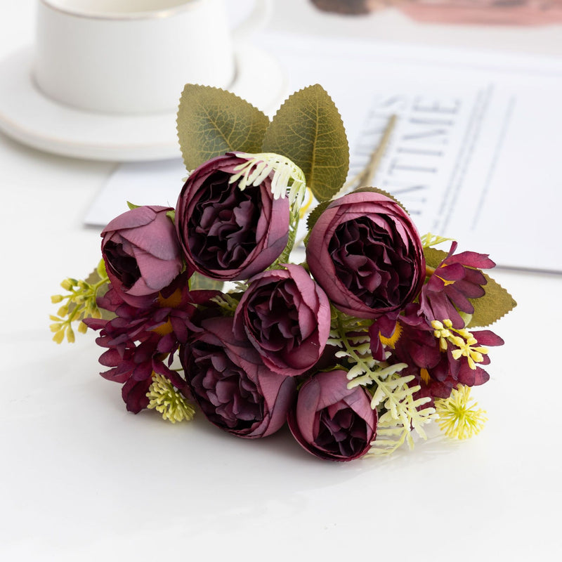Retro Faux Silk Peony and Daisy Bouquet, 14-Bloom Floral Arrangement, 12" Tall, for Home and Event Decor