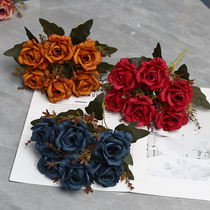 Autumn-Toned Rose Bush, 12" Faux Silk Floral Arrangement with 6 Blooms, Rustic Decor for Weddings & Home