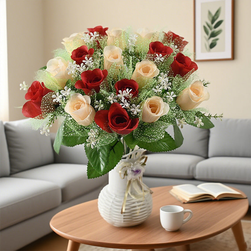 Bridal Wedding Bouquet: 18-Head Artificial Rose Bouquet with Tulle (Wedding Decor & Home Table Accent)