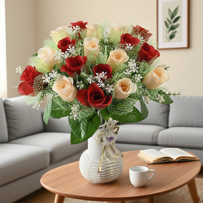 Bridal Wedding Bouquet: 18-Head Artificial Rose Bouquet with Tulle (Wedding Decor & Home Table Accent)