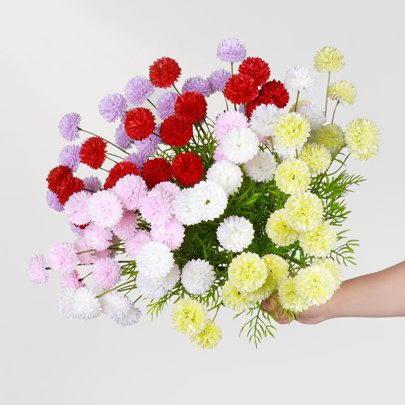 Artificial Chrysanthemum Pompon Bush with 21 Blooms, Faux Silk Flowers for Wedding, Home & Hotel Decor, Vase Not Included