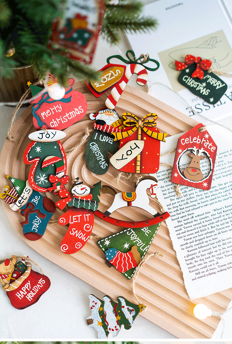 14 PCS Wooden Christmas Tree Hanging Ornaments with String, Bulk Holiday Party Decor