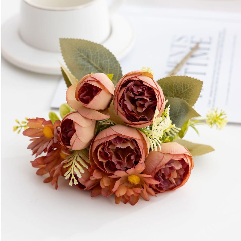 Retro Faux Silk Peony and Daisy Bouquet, 14-Bloom Floral Arrangement, 12" Tall, for Home and Event Decor
