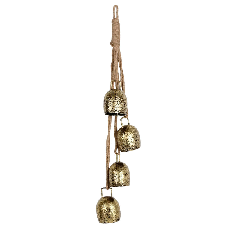 Vintage Gold Metal Christmas Bell Garland, 4 Jingle Bells on Twine, 15" Long, Hanging Holiday Ornament