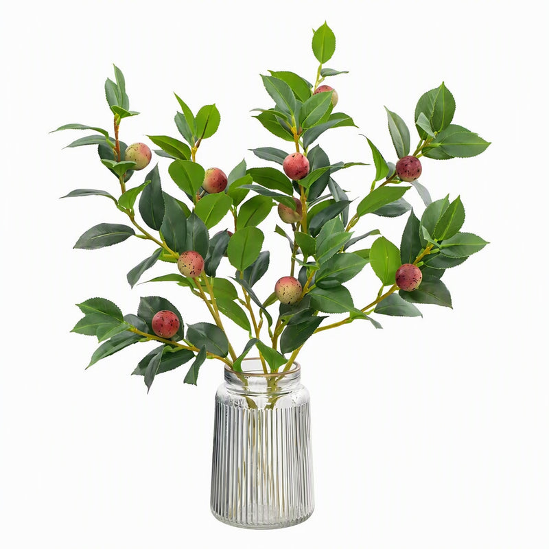 Artificial Camellia Fruit Bush, Red Berry Stem with Green Leaves, Plastic, Indoor Outdoor, Wedding, Home Decor, Window Display