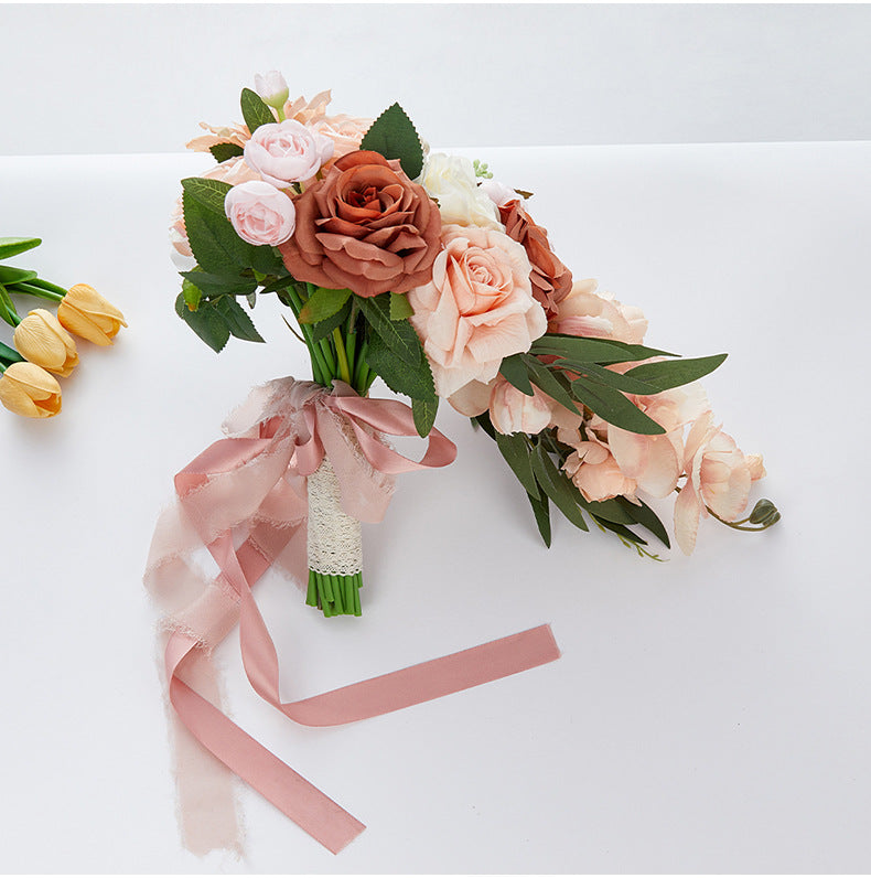 Bulk 9" Bridal Bouquet Roses Silk Wedding Flower Cascading Adjustable Ribbon Waterproof for Outdoor Ceremonies Photo Shoots Wholesale