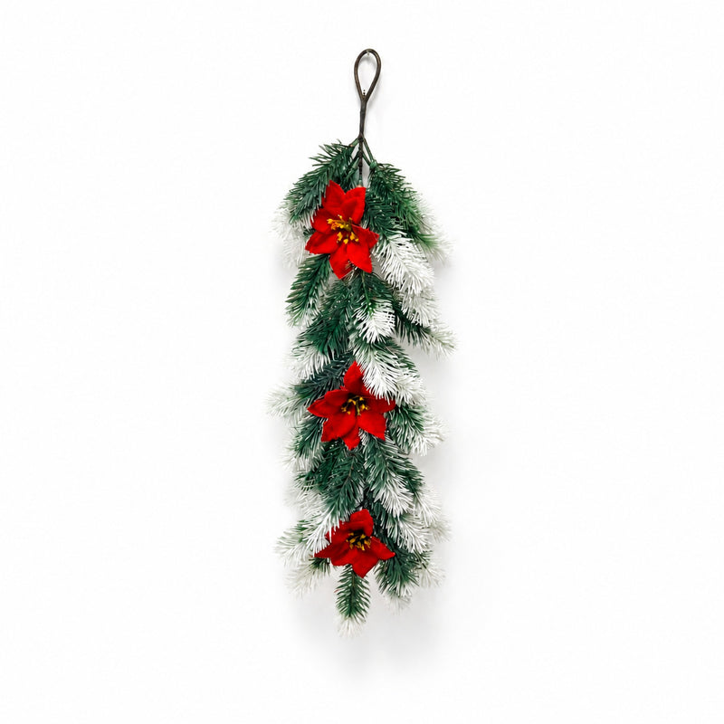 Artificial Pine Needle Christmas Door Hanging with Poinsettias, Trailing Wall Swag, Red Berries, for Holiday Home Decor