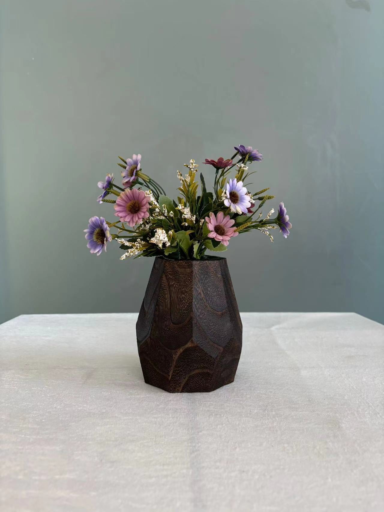 Octagonal Vintage Wooden Vase - Textured Wooden Flower Vessel for Modern Minimalist Home Decor