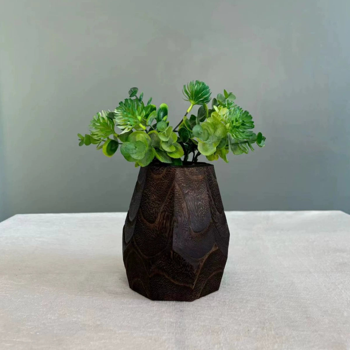 Octagonal Vintage Wooden Vase - Textured Wooden Flower Vessel for Modern Minimalist Home Decor