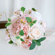 9 Inch Artificial Rose and Peony Bridal Bouquets White and Pink, 10 Pcs Wedding Flower Arrangements