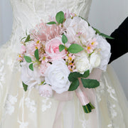 9 Inch Artificial Rose and Peony Bridal Bouquets White and Pink, 10 Pcs Wedding Flower Arrangements