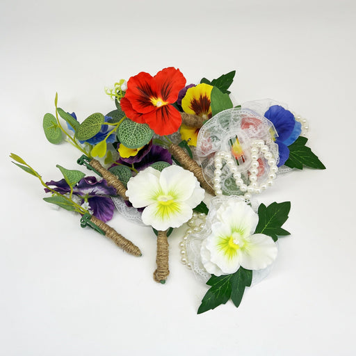 Pansy Flower Wrist Corsage and Men Boutonniere Set for Wedding Party, Bulk Artificial Floral Wristlet Bands