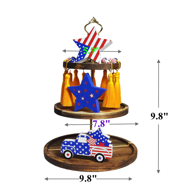 Patriotic Farmhouse Wooden Tiered Tray Set with Independence Day Decorations