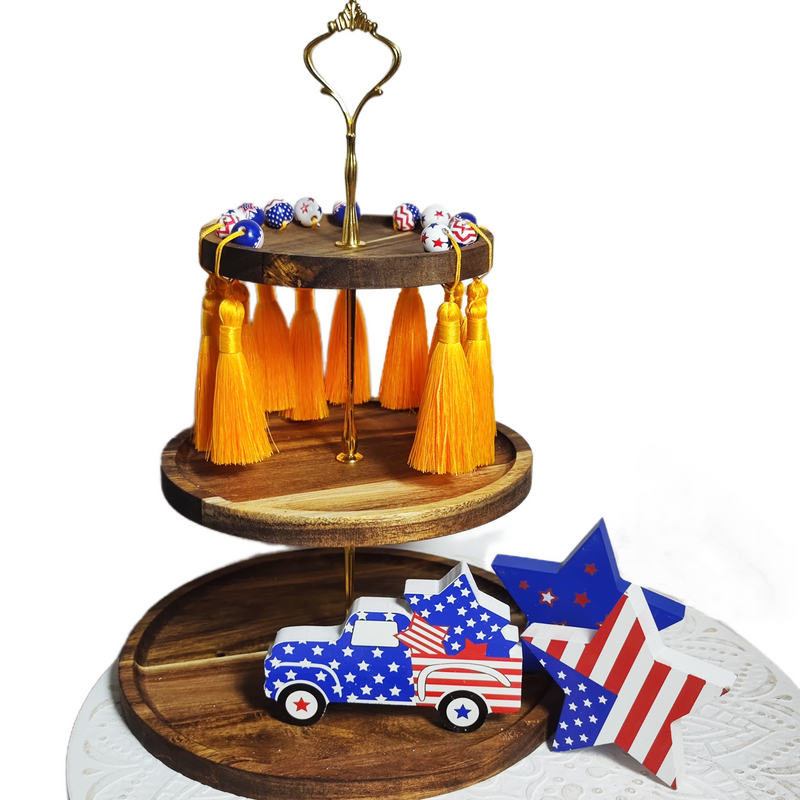 Patriotic Farmhouse Wooden Tiered Tray Set with Independence Day Decorations