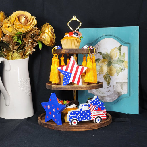 Patriotic Farmhouse Wooden Tiered Tray Set with Independence Day Decorations