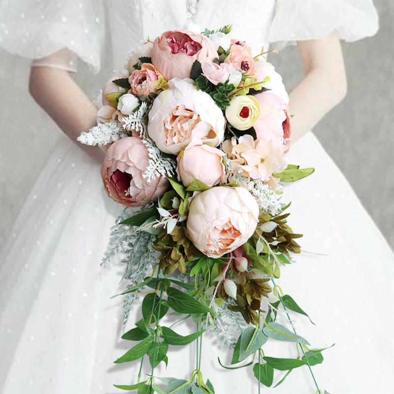 10 Inch Champagne Peony Bridal Bouquet 1 Pc Artificial Silk Cascading Wedding Flower