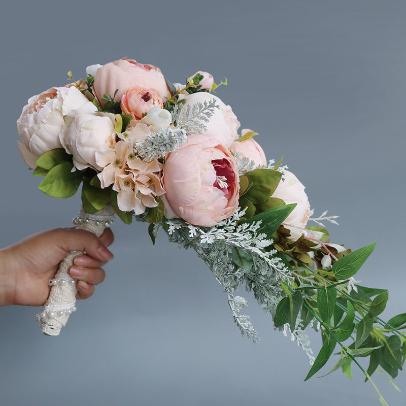 10 Inch Champagne Peony Bridal Bouquet 1 Pc Artificial Silk Cascading Wedding Flower