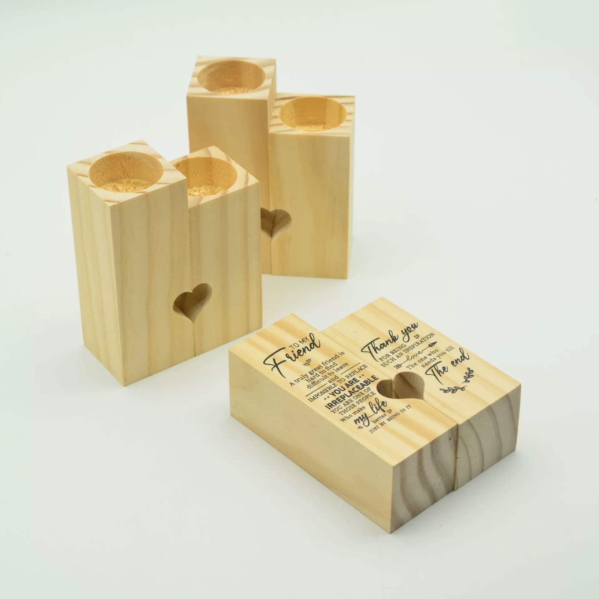 Pine Wood Heart Tealight Holders - Valentine's & Wedding Dinner Party Candle Decor