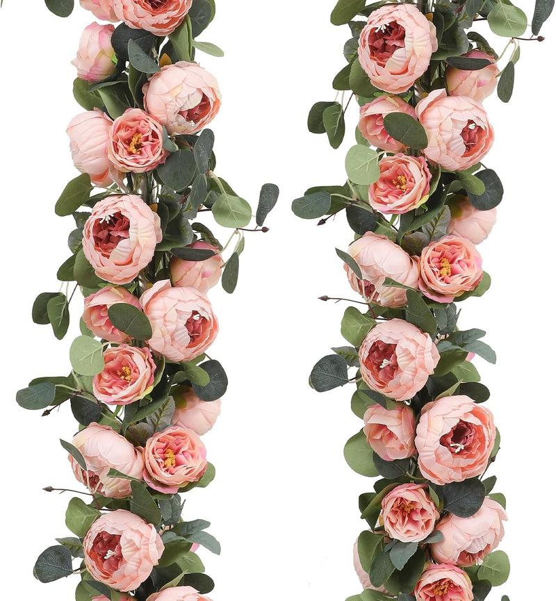 2 Pack Artificial Peony Flower and Eucalyptus Garlands Bulk Silk Floral Decor