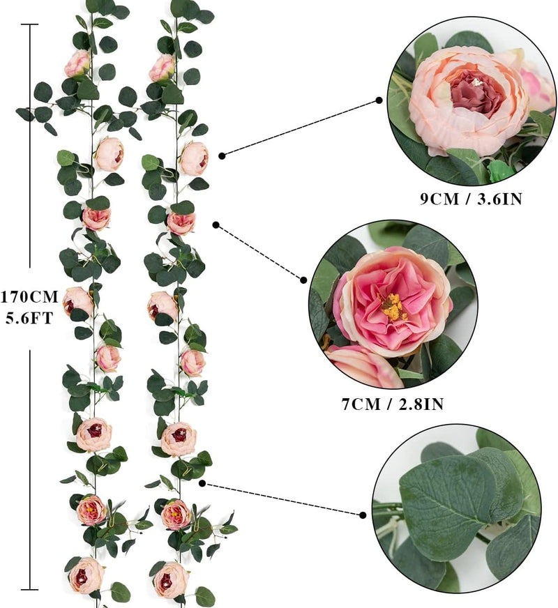 2 Pack Artificial Peony Flower and Eucalyptus Garlands Bulk Silk Floral Decor
