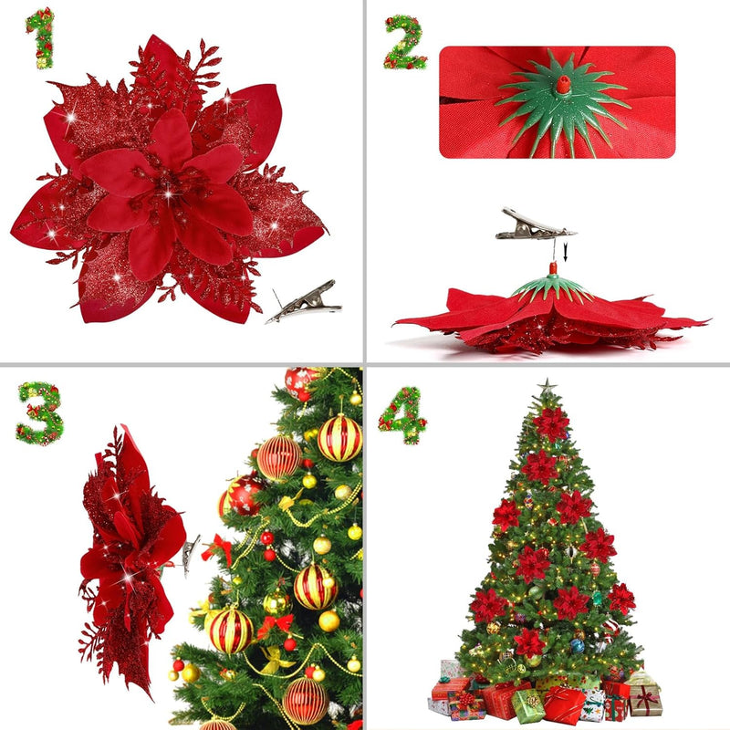 18 Pcs Artificial Poinsettia Flowers with Clips, Red Silk Christmas Decorations Bulk Set
