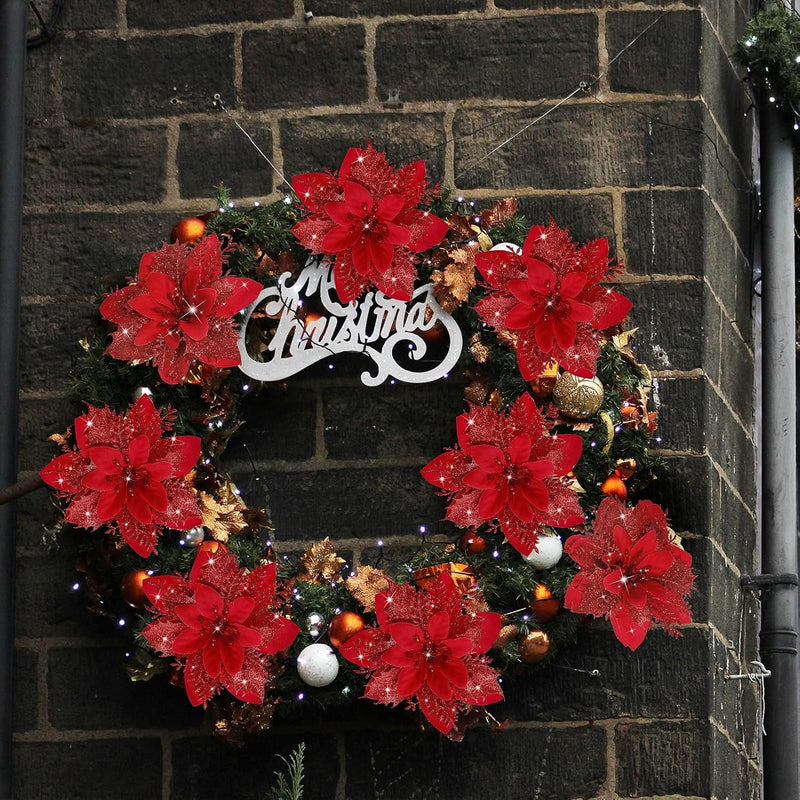 18 Pcs Artificial Poinsettia Flowers with Clips, Red Silk Christmas Decorations Bulk Set
