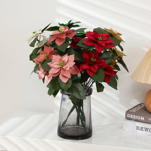 17 Inch Velvet Poinsettia Bush Bouquet, Large Artificial Flower, Bulk Wholesale Quantity