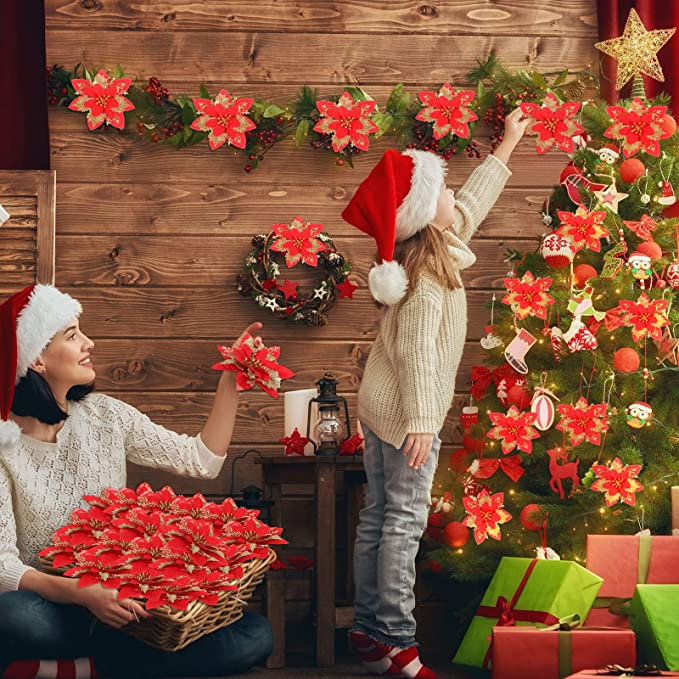 100 Pcs Artificial Poinsettia Flowers Bulk Pack Red Gold Christmas Decoration