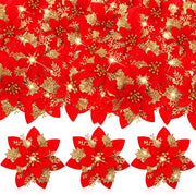 100 Pcs Artificial Poinsettia Flowers Bulk Pack Red Gold Christmas Decoration
